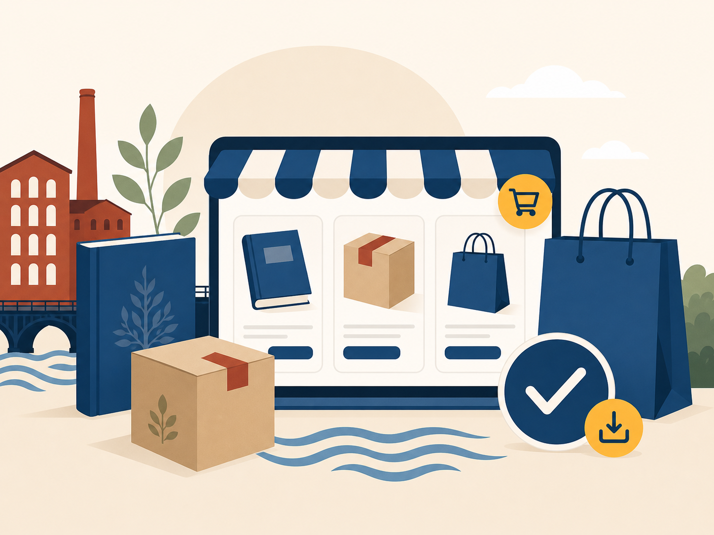 Verkkokaupan tuotteita: kirjoja, paketteja ja kasseja